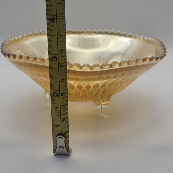 Vtg Carnival Glass Candy Dish Amber Three Footed Beaded Rim Diamond Pointed Ribs - Picture 7 of 8